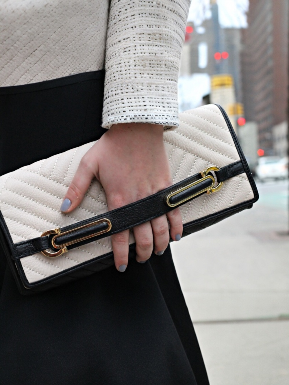 Calvin Klein NEW quilted leather clutch cream body black trim gold hardware NWT